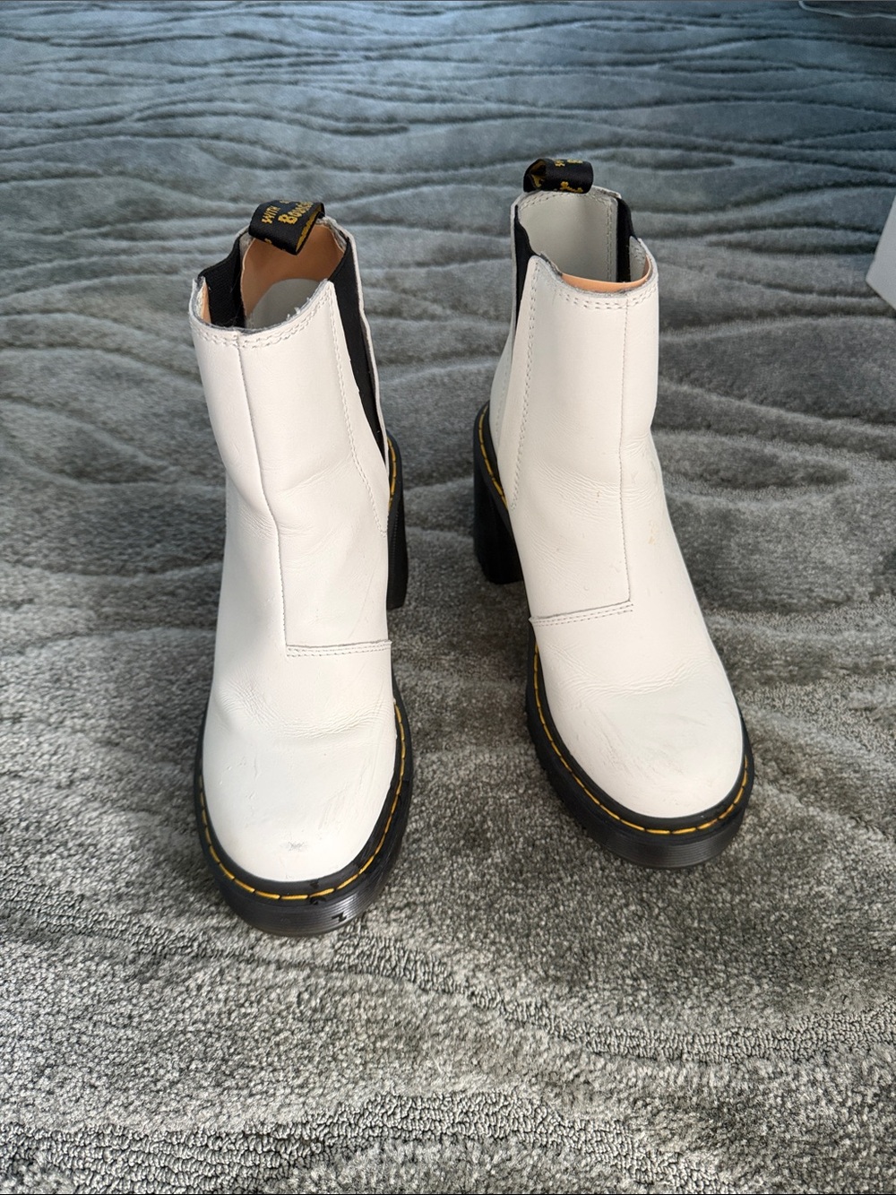 White Chelsea Platform Boots with Yellow Stitching dr martens 37 us 6